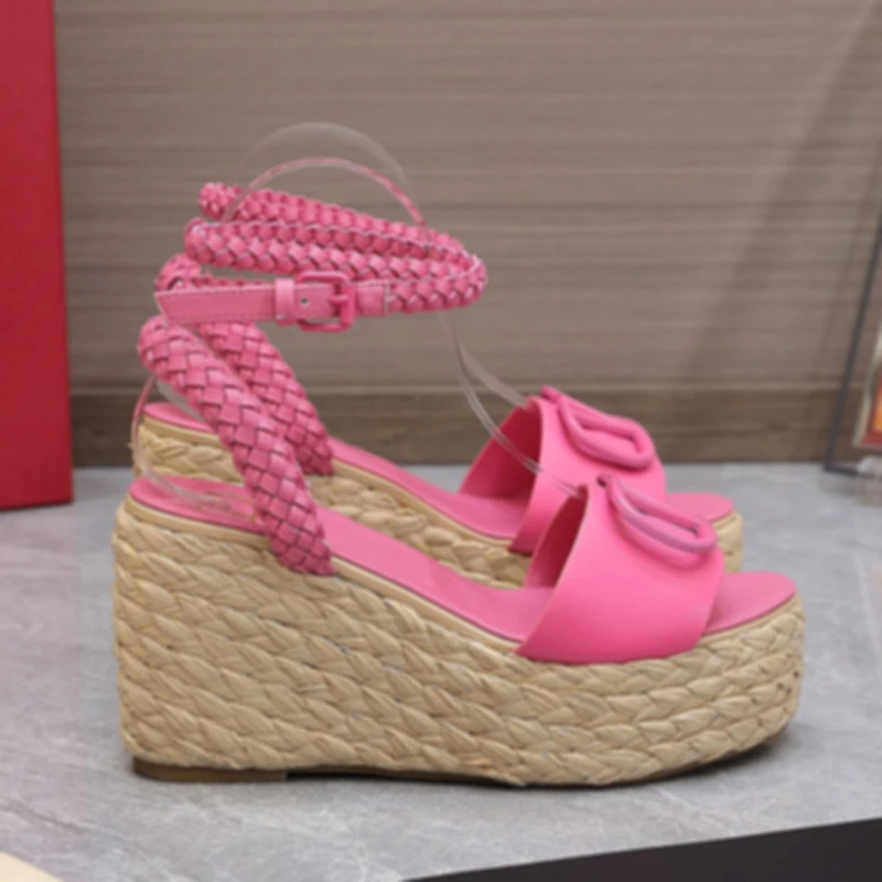 

Genuine Leather Vamp Weave Buckle Strap Women's High Heel Sandals 11CM Summer Custom Made Wedges Mixed Colors Thick Sole Sandals