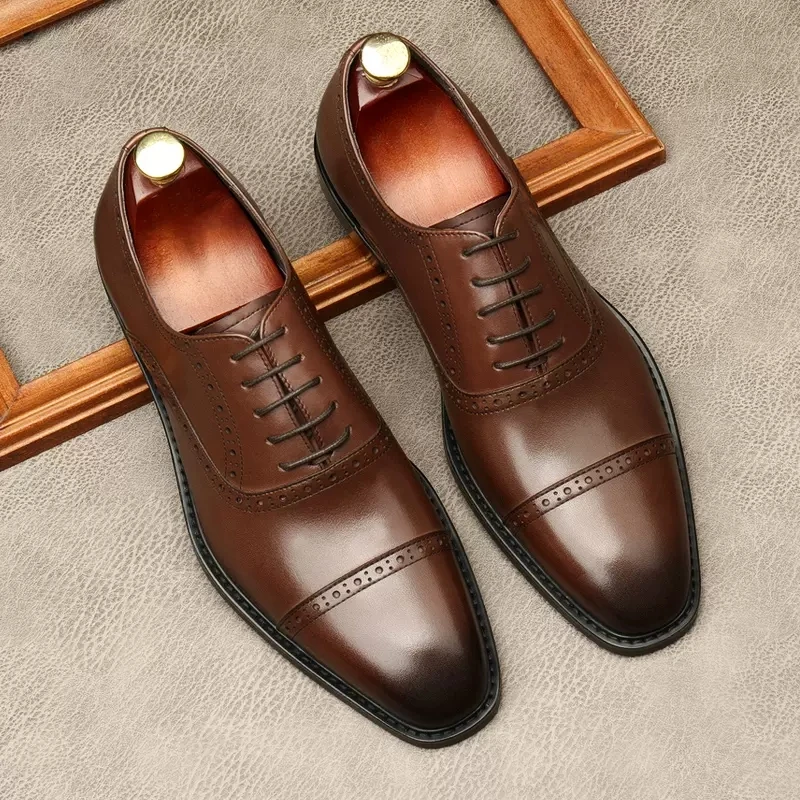 

Genuine Leather Dress Shoes Men Black Fashion Wedding Brogue Pointed Toe Lace Up Men Business Shoes Formal Party Oxford Shoes
