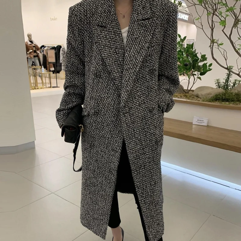 

VANOVICH Korean Style Autumn and Winter Vintage Notched Double-breasted Long Woolen Coat Women Temperament Fashion Long Coats