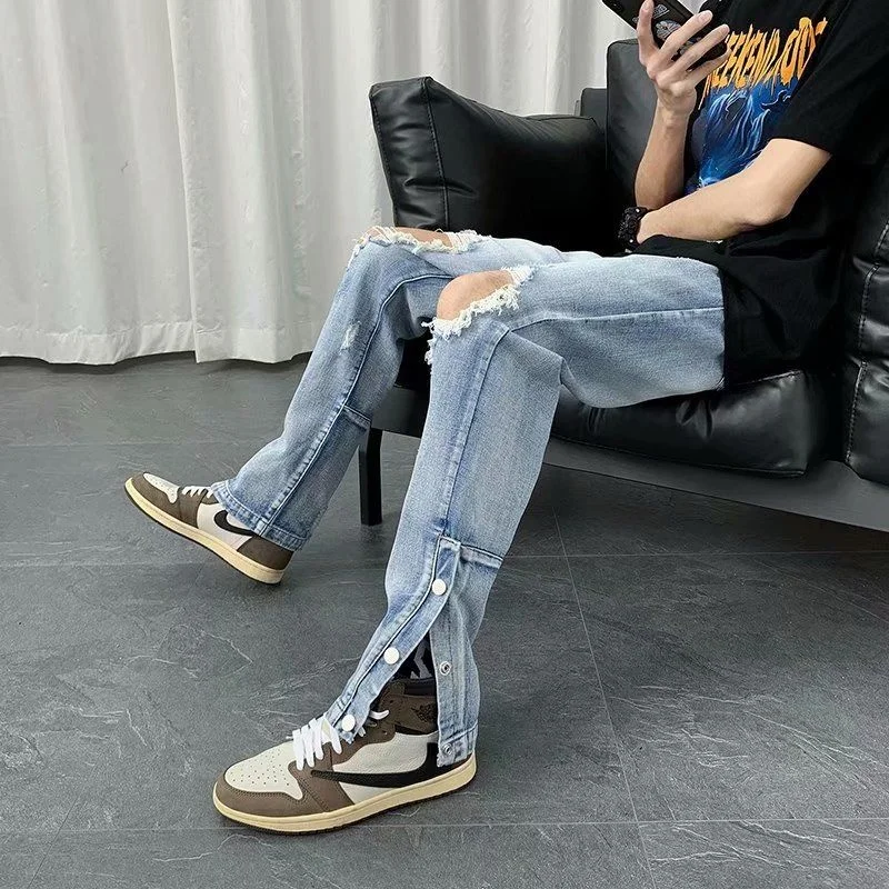 Summer Blue Black Ripped Jeans Men Slim Fashion Casual Straight Jeans Men Streetwear Hip Hop Hole Denim Pants Mens Trousers
