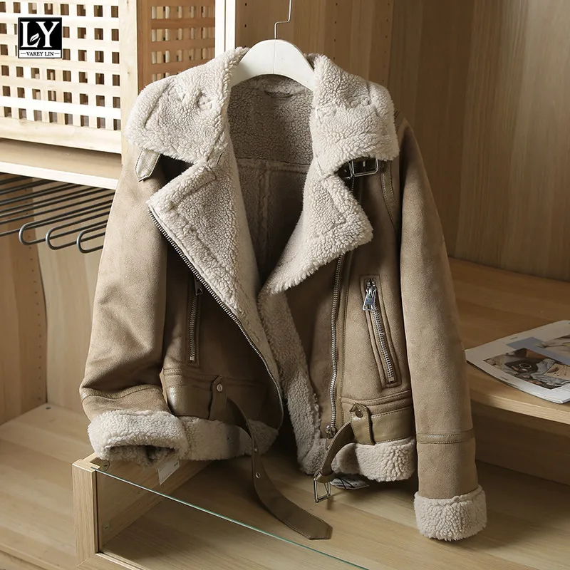 

LY VAREY LIN 2022 Winter Women Warm Suede Lambs Wool Short Motorcycle Brown Coats Faux Shearling Sheepskin Fake Leather Jackets