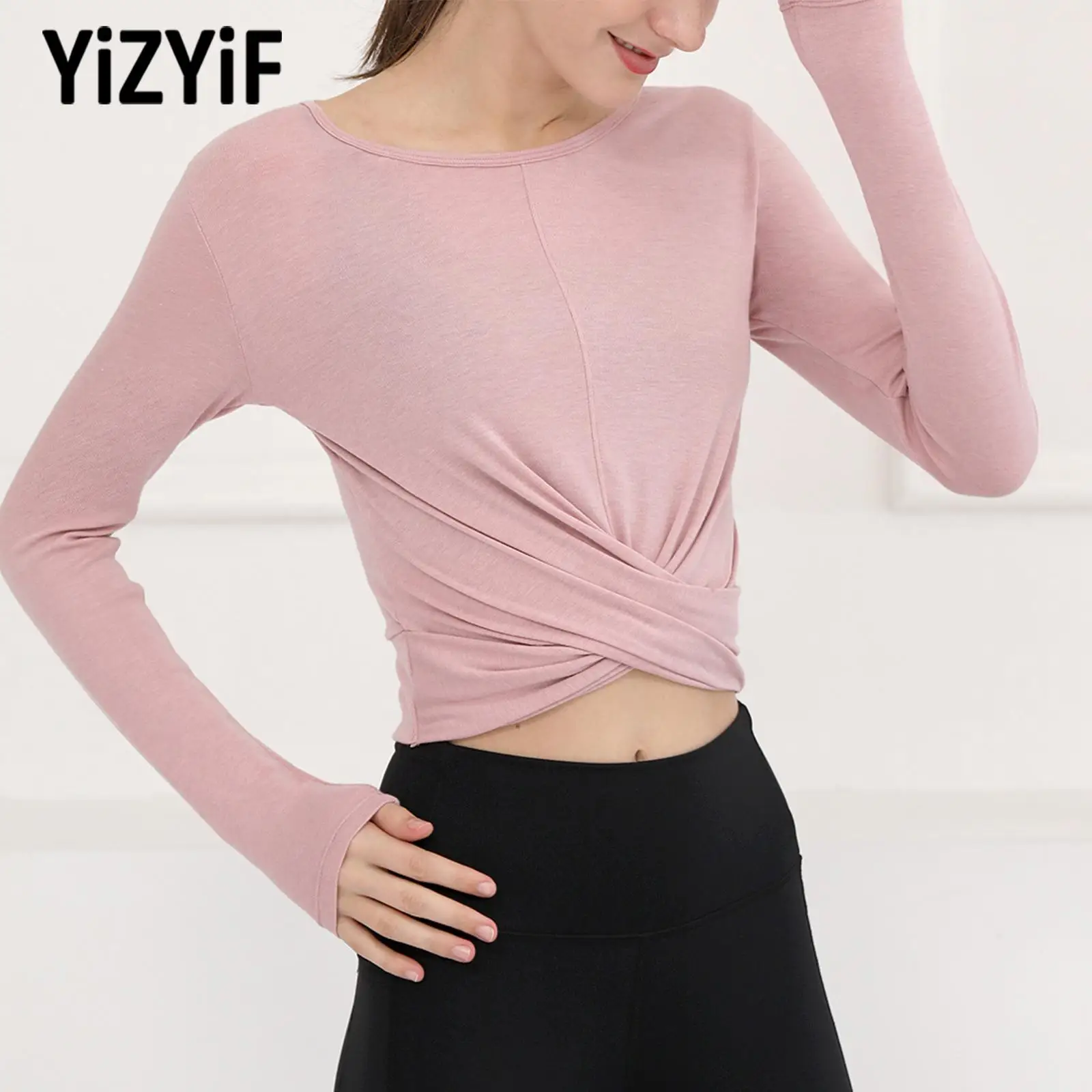 

Женская Современная Танцевальная рубашка, Одежда для танцев, гимнастики, фитнеса, тренировок, йоги, дышащий однотонный топ с длинным рукавом, короткий топ