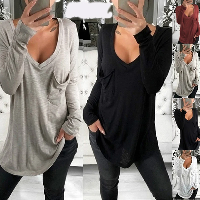 

Casual Long Shirts Top 2022 Spring New Women's T-shirts With Pocket Female Solid Loose Tee Shirt s 2XL Deep V-Neck Shirt