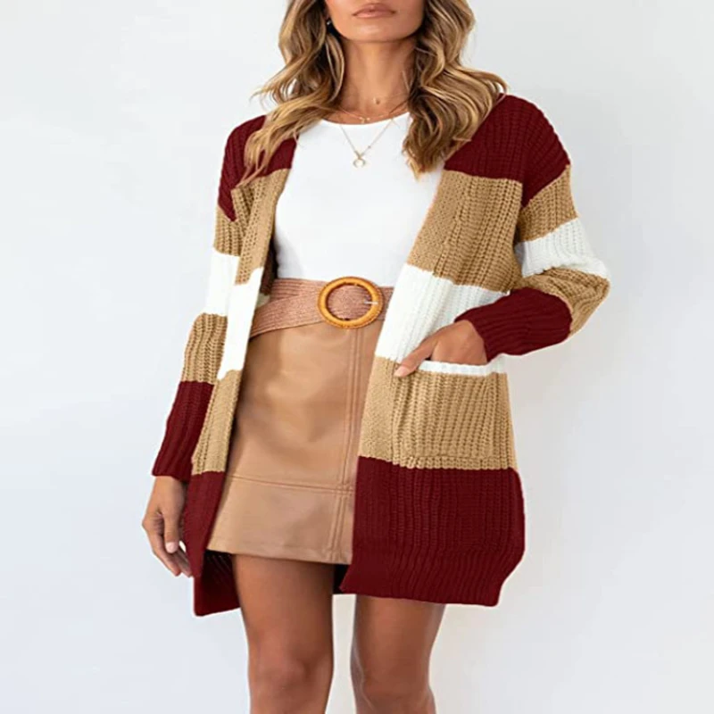 

Loose Knitted Cardigan Sweater For Women 2020 New Loose Open Stitch Sleeve Autumn Winter Coat Solid Casual Jumper Striped
