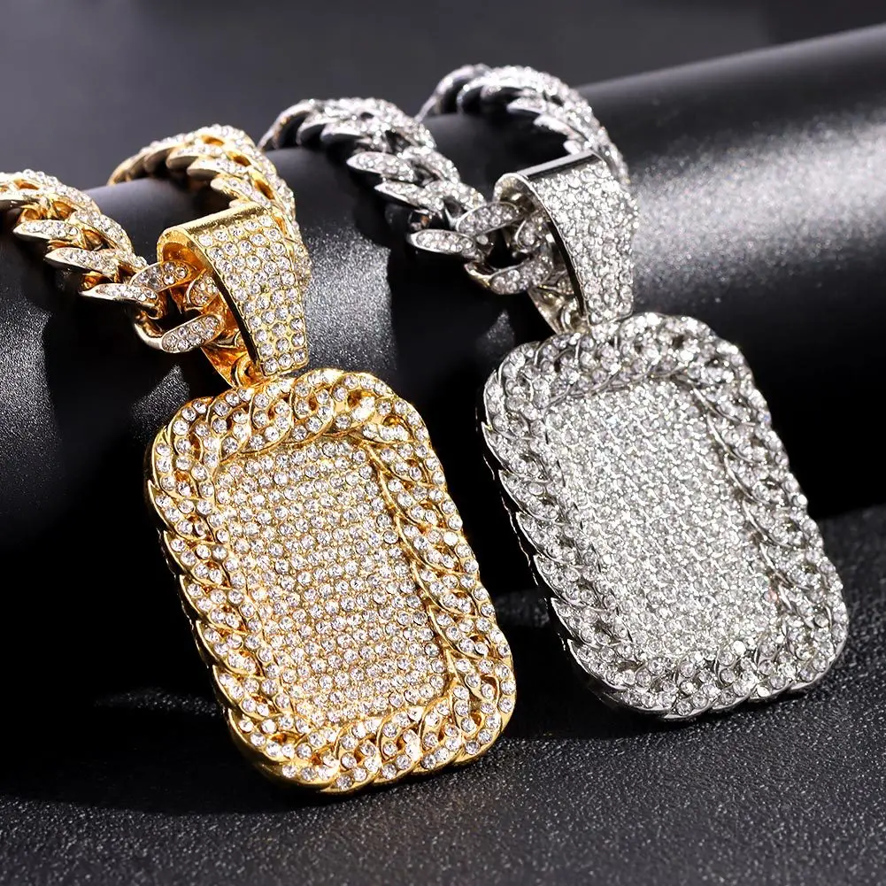 

Men Women Hip Hop Dog Tag Pendant Necklace with 13mm Miami Cuban Chain Iced Out Bling Hiphop Necklaces Fashion Charm Jewelry