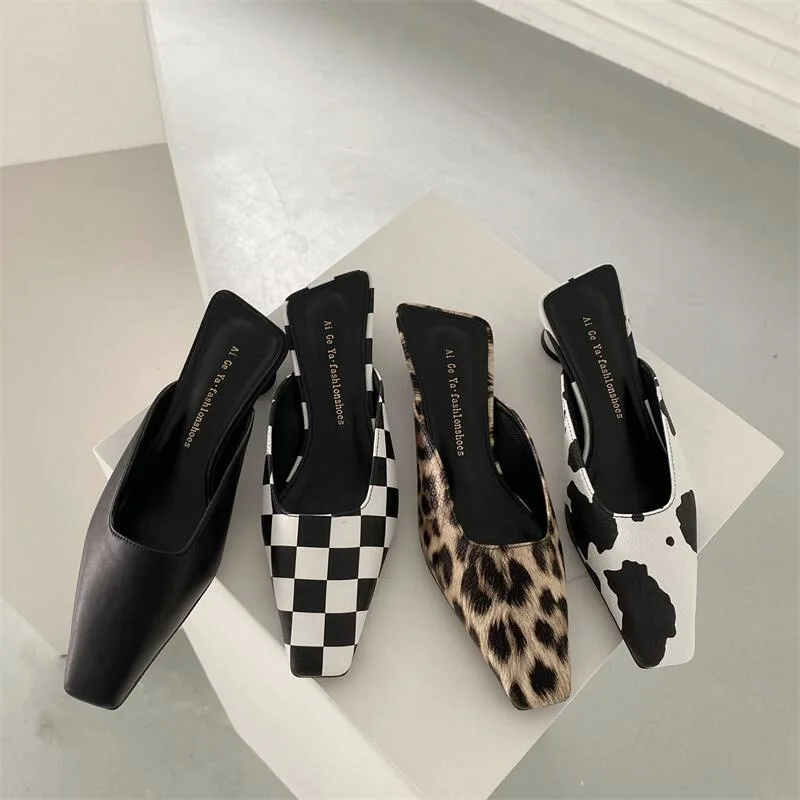 

Women Spring Slipper Pointed Toe Shallow Slip on Mules Shoes Ladies 2022 Summer New Square Outdoor Low Heel Leopard Mules Slides