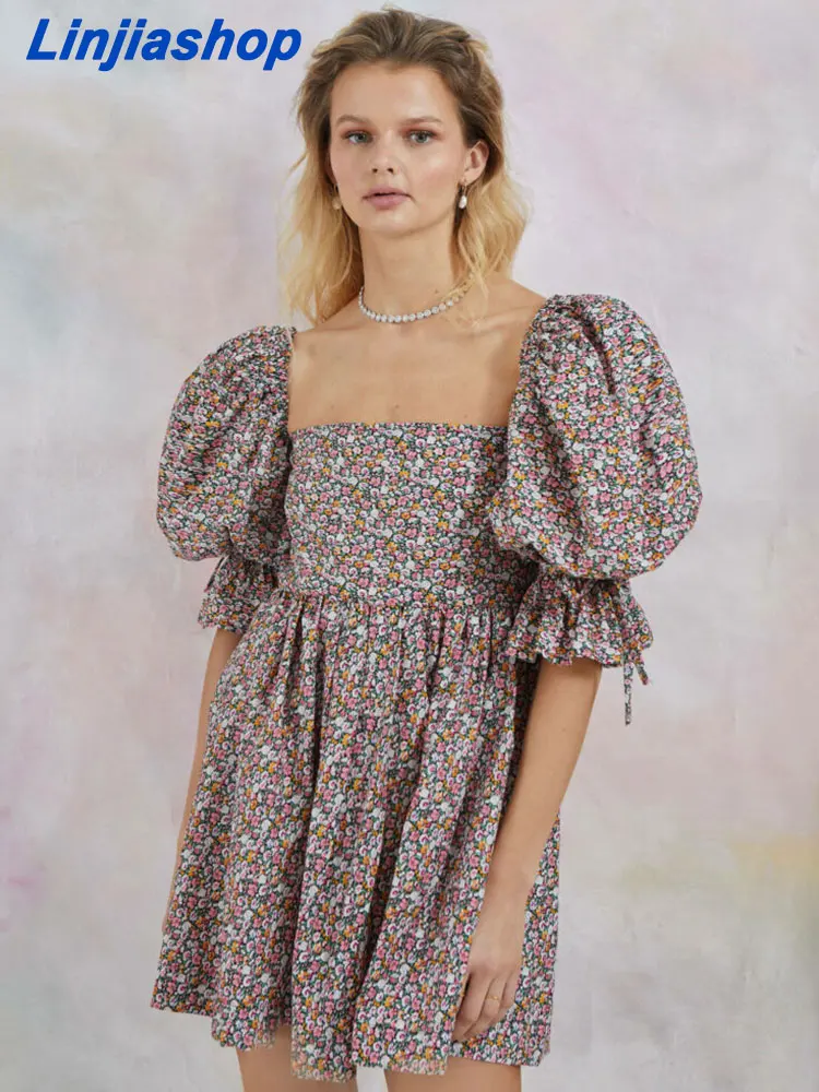 

Летнее женское платье из смешанного хлопка для вечерние с цветочным принтом и короткими рукавами, летнее облегающее пляжное винтажное мини...