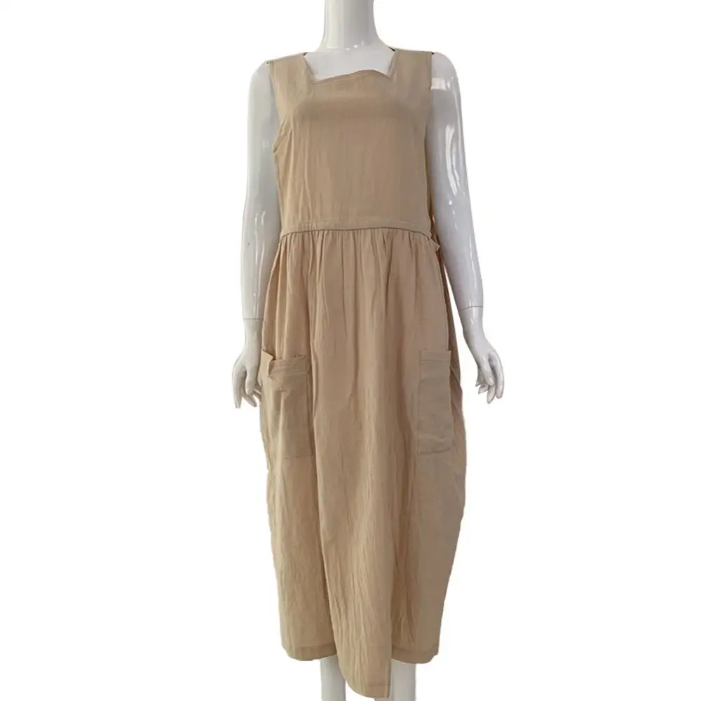 

Женский комбинезон из хлопка и льна, однотонный свободный сарафан средней длины без рукавов на подтяжках, Осень-зима