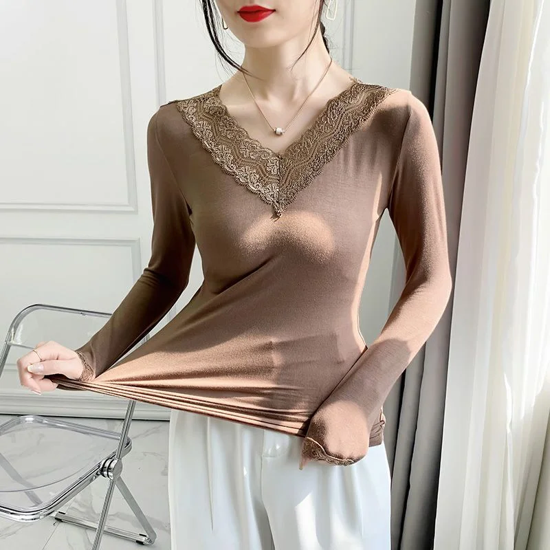 Spring Lycra Underwear Basic V Neck T-shirt Underwear Woman Top Autumn Long Sleeve Shirt Thin Blouse Female Clothing