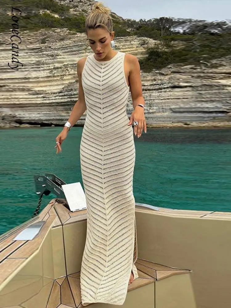 

Women Hollow Knitted Vest Dress Sleeveless Round Neck Double Split Slim Long Dresses 2023 Summer Beach Female Vacation Vestidos
