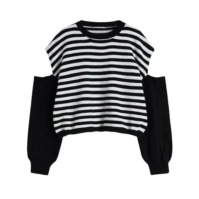 

Женский трикотажный пуловер с открытыми плечами, Серый свободный джемпер в полоску, повседневный трикотажный топ с круглым вырезом, весна-о...