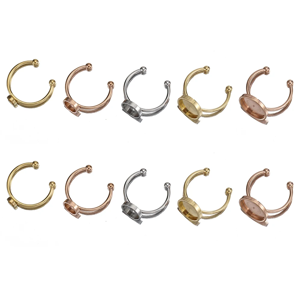 5Pcs Stainless Steel Cabochons Settings Blank Base Adjustable Ring Fit  8/10/12mm Glass Cameo Bezel DIY Jewelry Making Supplies