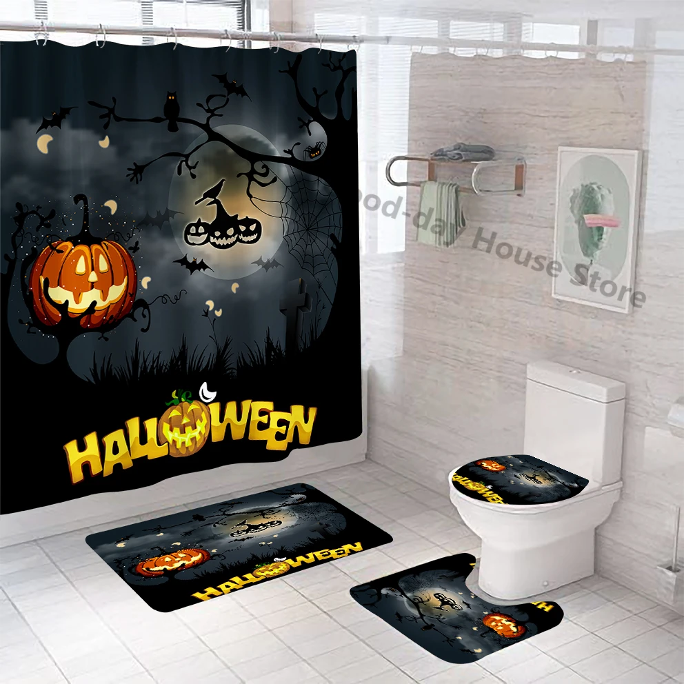 

Cortinas De ducha Halloween Cartoon Shower Curtain Set Waterproof Polyester Fabric Bath Bathroom Toilet Lid Cover Mat Home Decor