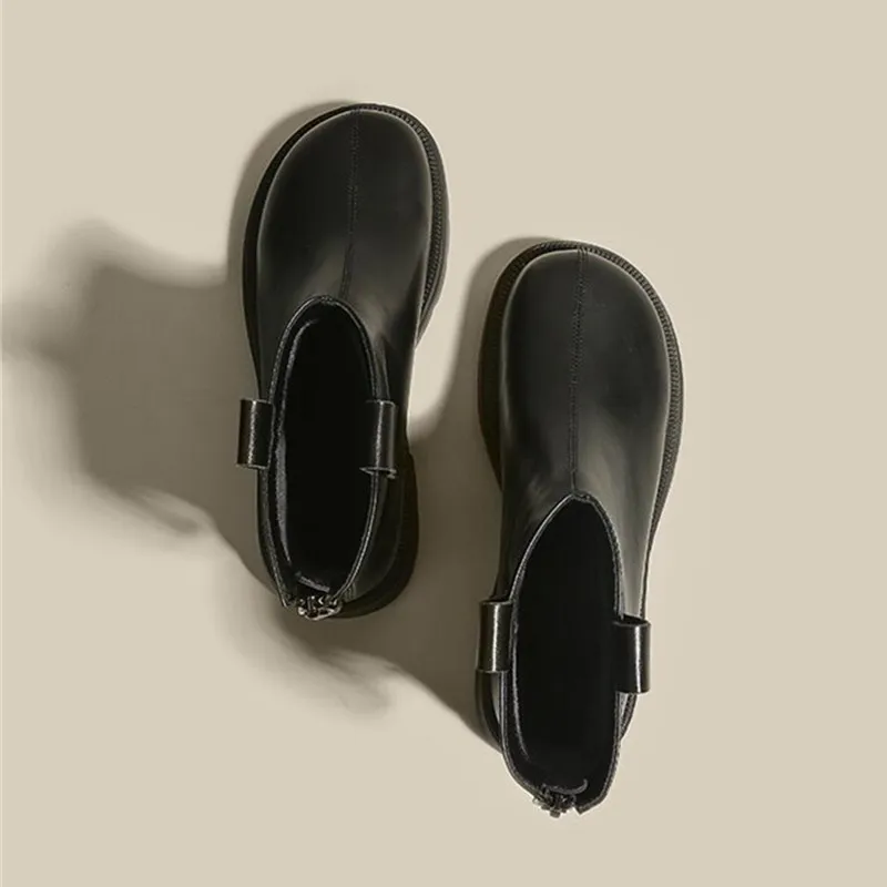 Lady Boots Women's Low Shoes Round Toe Chelsea Zipper Flat Heel Ankle Leather Med Rock Rubber Sewing PU Retro Short Boots Women