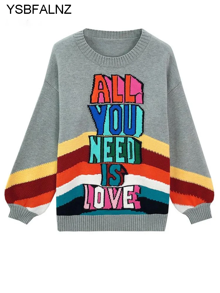 

Winter Candy Color Contrast Letter Jacquard Sweater Spliced Pullover Female Gray Base Sweater Korean Fashion Clothing 2022
