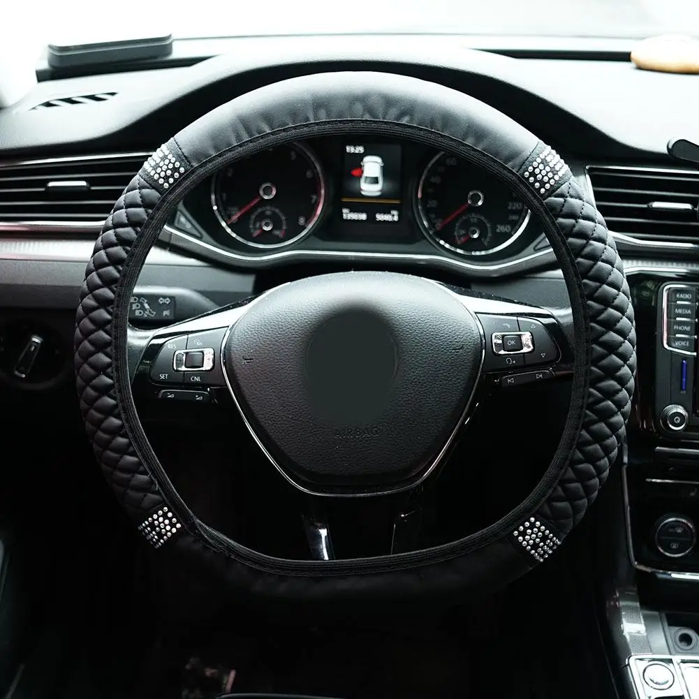 

Universal Car Steering Wheel Cover 14 1/2 to 15 inch Skidproof Leather Embroidered Color Diamond-encrusted Steering Wheel Cover