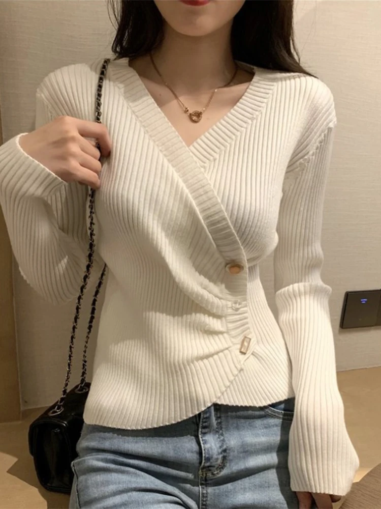

Korean Style Pullover V-neck Solid Color Women Knitwear Slim Irregular Design 2022 Autumn Winter Ladies Sweater Y2K Simple Basic