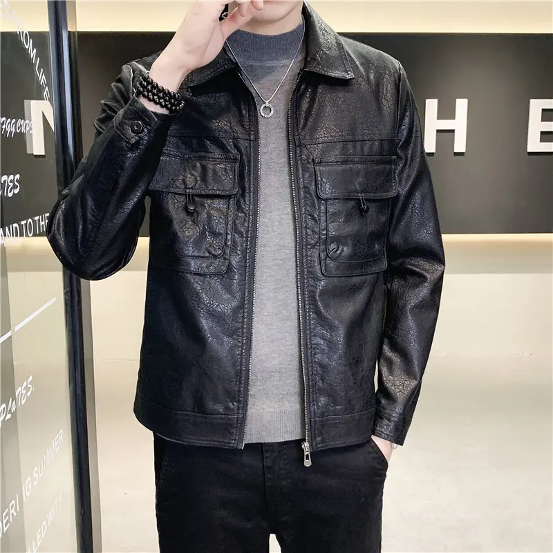 2022 Autumn New Motorcycle Bike Leather Jackets for Men Turn Down Collar PU Coat Fashion Streetwear Business Social Men Clothing