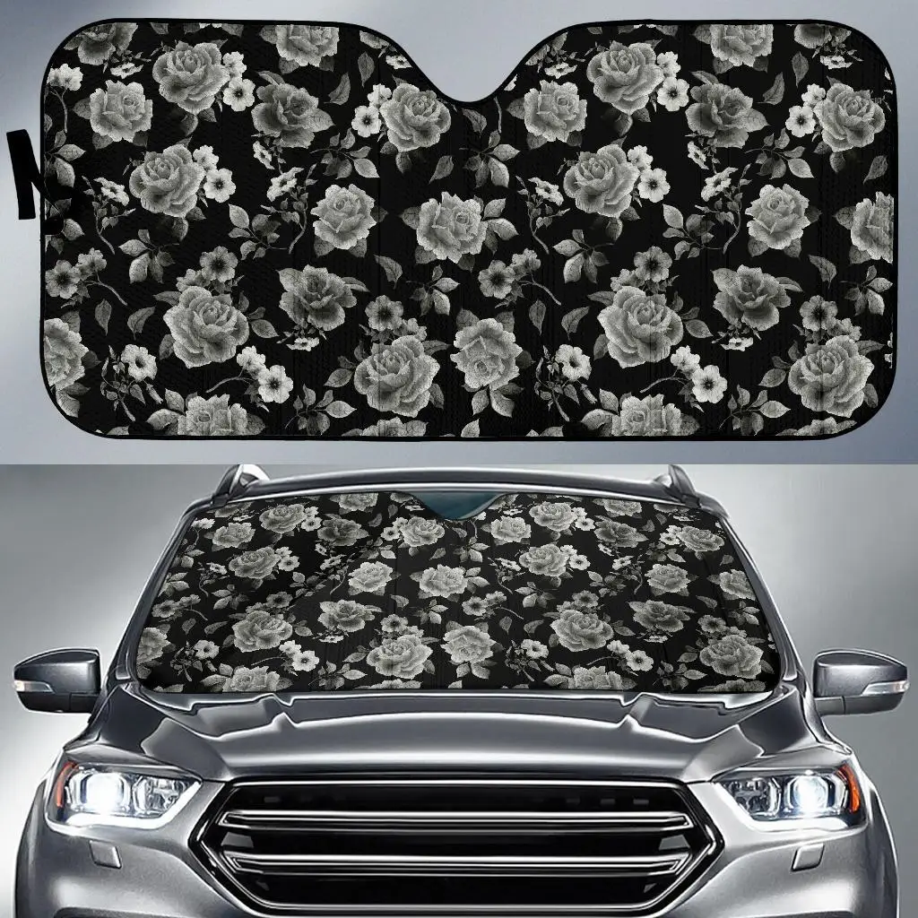 

Monochrome Rose Floral Pattern Print Car Sun Shade