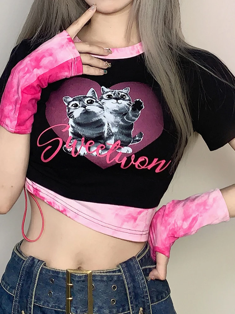 

Женский укороченный топ с принтом, с круглым вырезом, с боковым шнурком, короткий пупок, Лоскутная Блузка, сексуальная женская летняя футболка