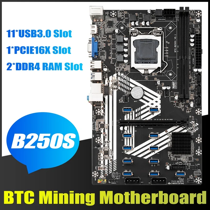 

B250S BTC Mining Motherboard LGA1151 11XUSB3.0+1XPCIE 16X Slot DDR4 SATA 3.0 USB3.0 For ETH Miner Motherboard