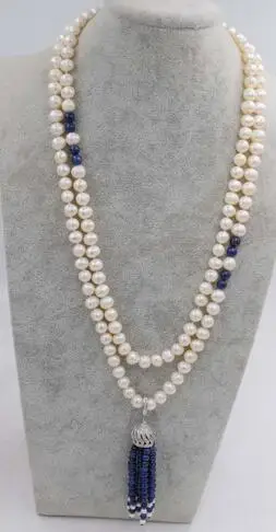 

freshwater pearl near round white and blue lapis lazuli tassel 8-9mm necklace wholesale beads 45inch nature unique clasp