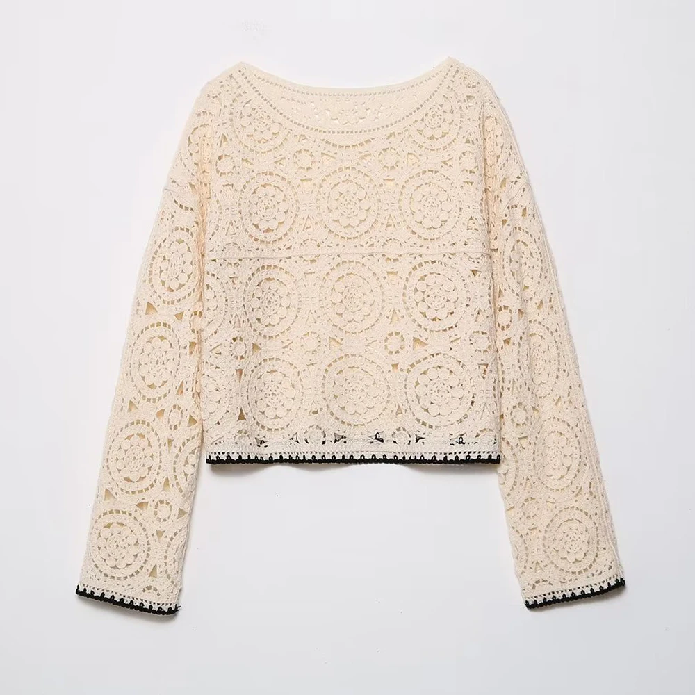 

2022 New Women Lace Crochet Hollow Out Design Pullovers Long Sleeve Fashion Women Knitted Beige Cropped Tops