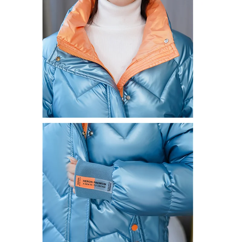 Winter Jacket Women 2022 New Glossy Long Sleeves Casual Thick Warm Zipper Female Clothing Coat Cotton Padded Parkas Outwear Tops