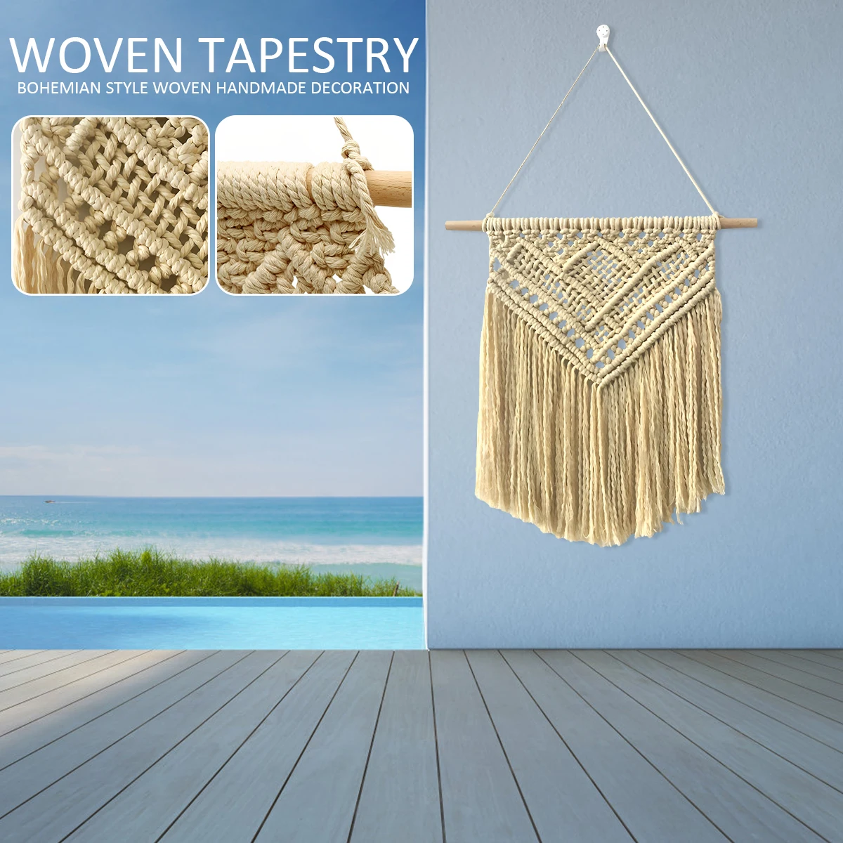 

Макраме, настенный гобелен ручной работы, богемный настенный гобелен в стиле бохо, плетеный Настенный декор, бежевая кисточка, хлопковое вя...