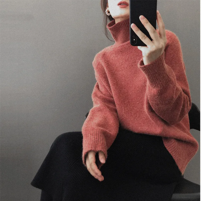 

2021 Women Autumn Winter Long Sleeve Loose Jumper Turtleneck Wool Sweater Warm Pullovers Sweater