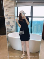tb college style polo collar short sleeved loose and thin knitted ice silk four bars sweet casual wild dress female