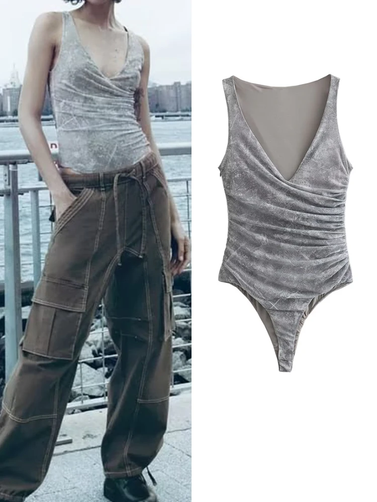 

TRAF Summer New Tulle Print Bodysuit For Women 2023 Sexy Female Deep V-Neck Sleeveless Semi-Transparent Casual Pleated Jumpsuits