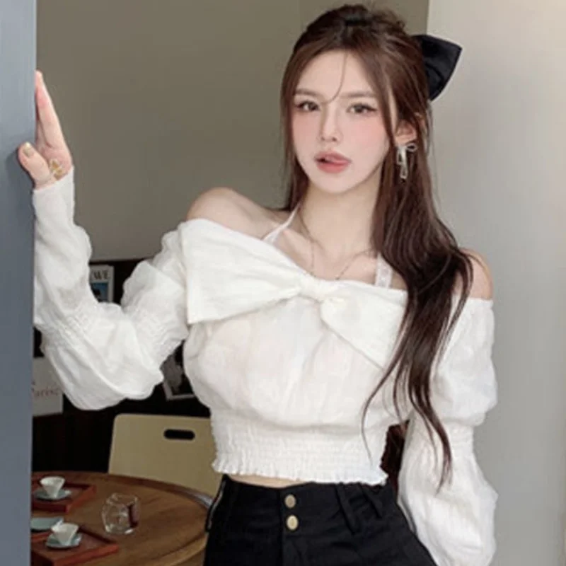 Блузки женские с рукавами-фонариками и бантом белые однотонные милые девичьи