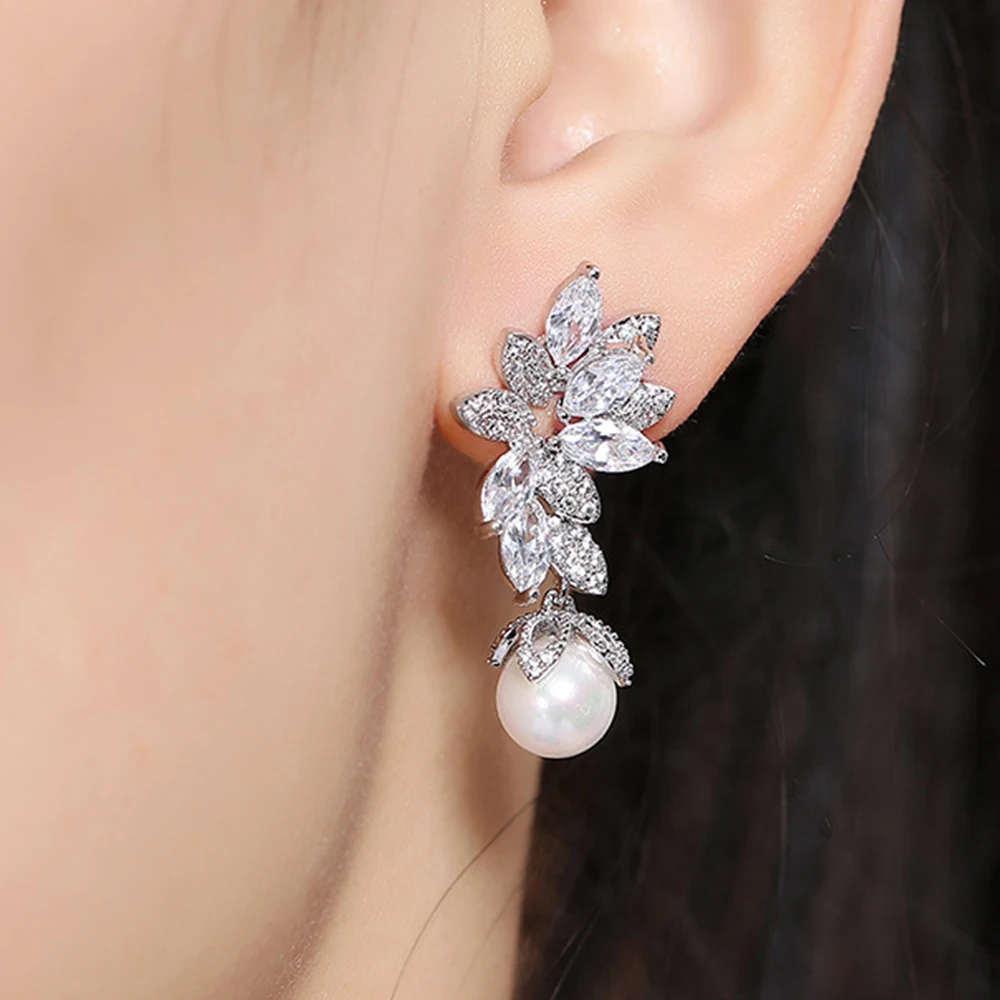 

CANPEL 2022 New Elegant Zirconia Dangle Pearl Earrings For Women Luxury Water Drop Zircon Leaf Earring Wedding Jewelry Gift