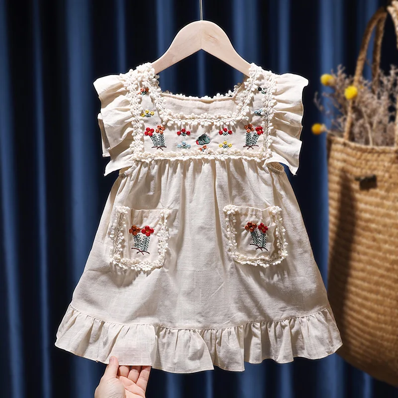 Enlarge TILAMEHO Embroidered Flower Girls Dress 2022 Summer Retro Flying Sleeve Princess Casual Clothes Fashion Cute Baby Vestidos 1-6T
