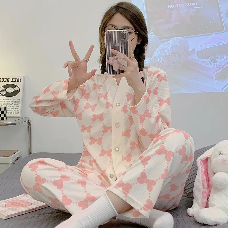 Womens  2 Piece Pajamas Set Floral Printing V-Neck Button Shirt With Trousers Pajama Set Nightwear Pyjama Sleepwear Pijama Mujer