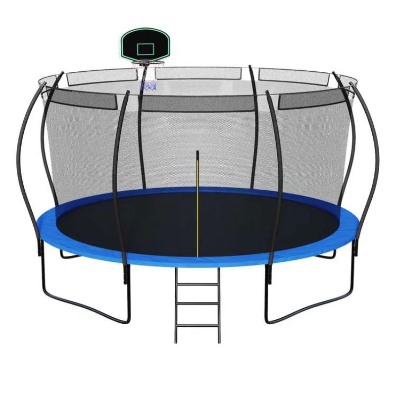 

The Blue 14 Foot Children's Trampoline Contains Secure Housing Netting and Ladder and Spring Cover Padding for Easy Assembly