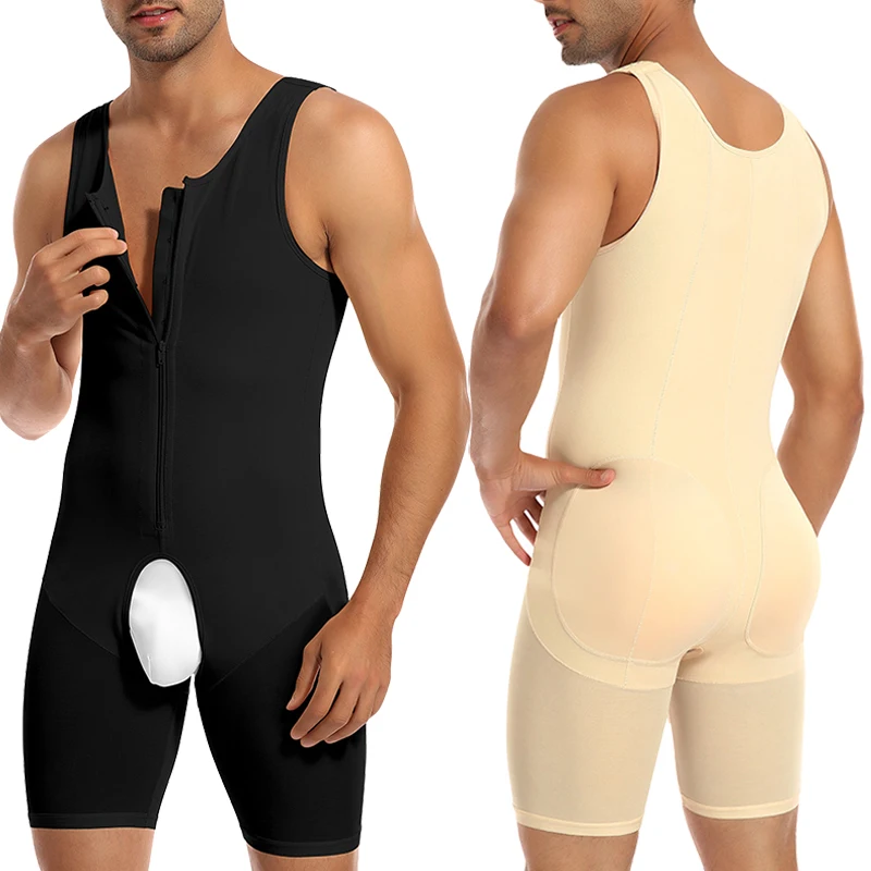Men Shapewear with Butt Pads Bodysuit Tummy Control Full Body Shaper Compression Slimming Underwear Butt Lifter Open Crotch