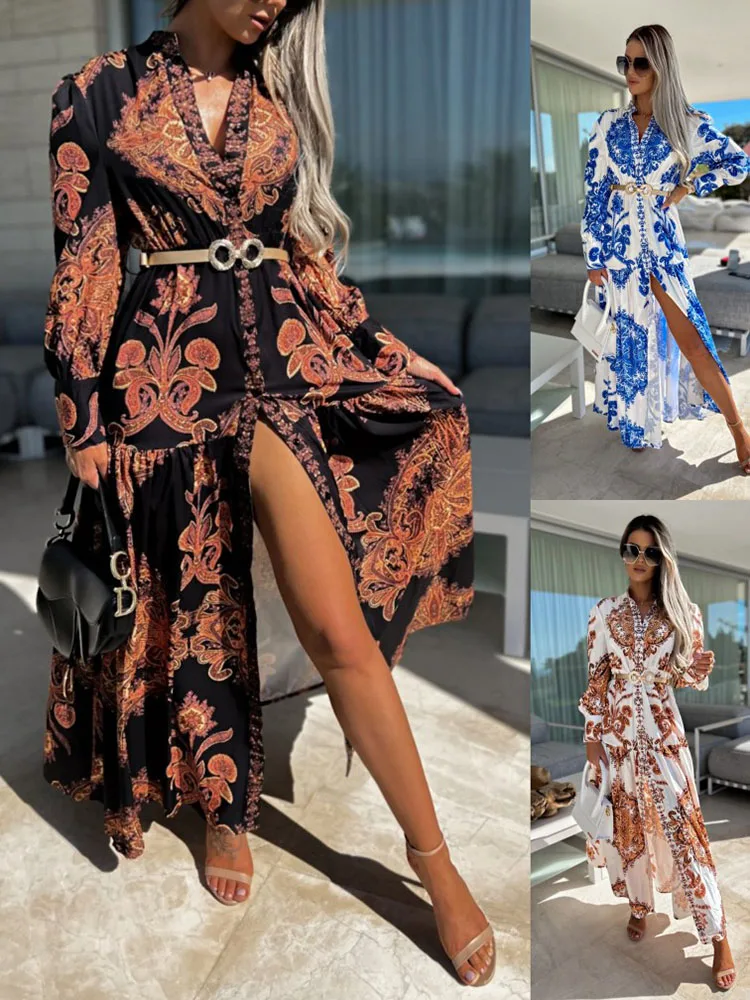 Women Beach Cover Up 2022 Summer Sexy V-Neck Backless Hollow Out Lantern Sleeve Maxi Dress Female Club Party Long Dresses