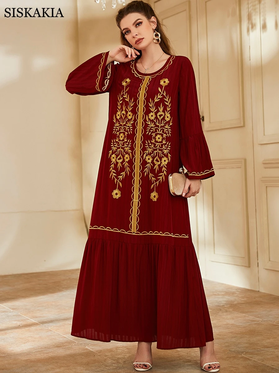 

Винтажное этническое платье с вышивкой абайя, женское платье со складками, v-образный вырез, длинный рукав, повседневная одежда в арабском и ...