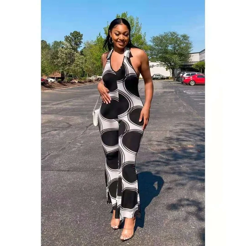 

Print Club Outfits for Women Clubwear 2021 Sexy V-neck Halter Strap Sleeveless Slim Print Black Slim Temperament Casual Jumpsuit