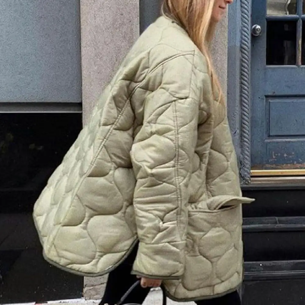 Quilted Jacket Outwear Women Flap Pockets Round Neck Long Sleeve Slit Loose Fit Jacket Outwear for Winter
