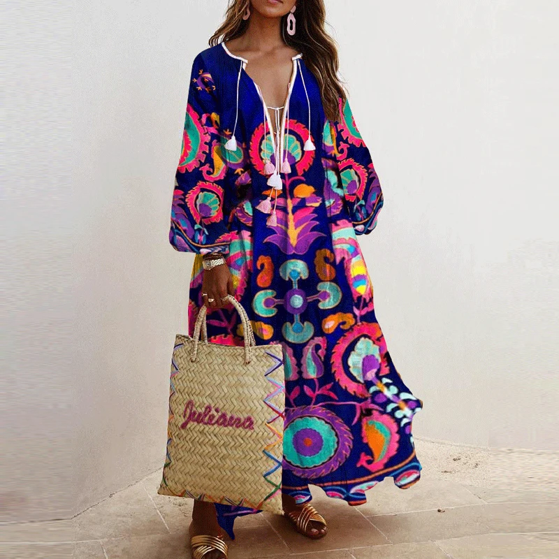 

Women Elegant Floral Print Loose Dress Spring Tassel Long Party Vintage Dress Casual V Neck Long Lantern Sleeve Ladies Dresses