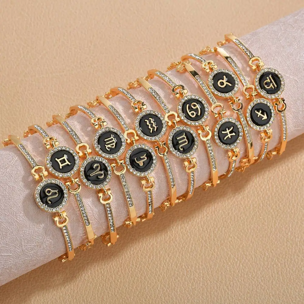 Classic 12 Constellation Bracelet Fashion Adjustable Bling Bling Rhinestone Astrology Zodiac Sign Bracelet For Women Girls Gifts