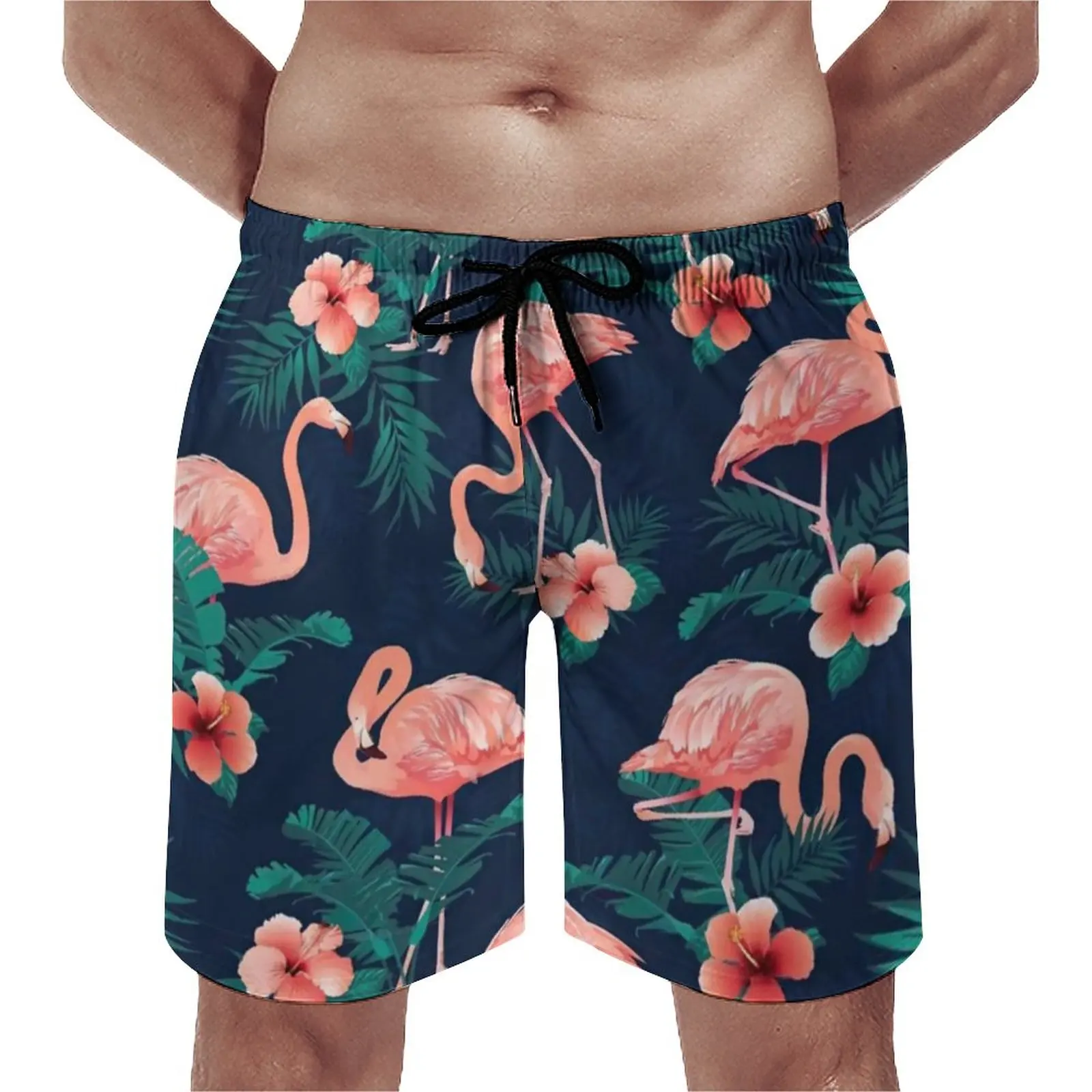 

Pink Flamingo Board Shorts Summer Hibiscus Tropical Leaves Funny Board Short Pants Running Surf Comfortable Swimming Trunks