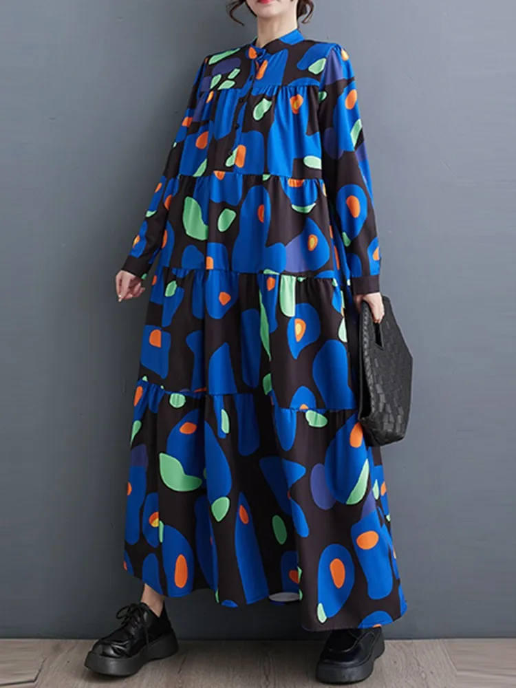 

Female A-line Long Dress New Arrival 2023 Autumn Vintage Style Geometric Pattern Loose Comfortable Women Casual Dresses B3174