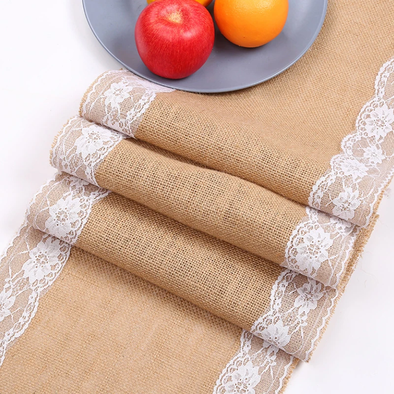 

Vintage Burlap Lace Hessian Table Runner Natural Jute Table Runners for Wedding Party Christmas Hotel Decoration