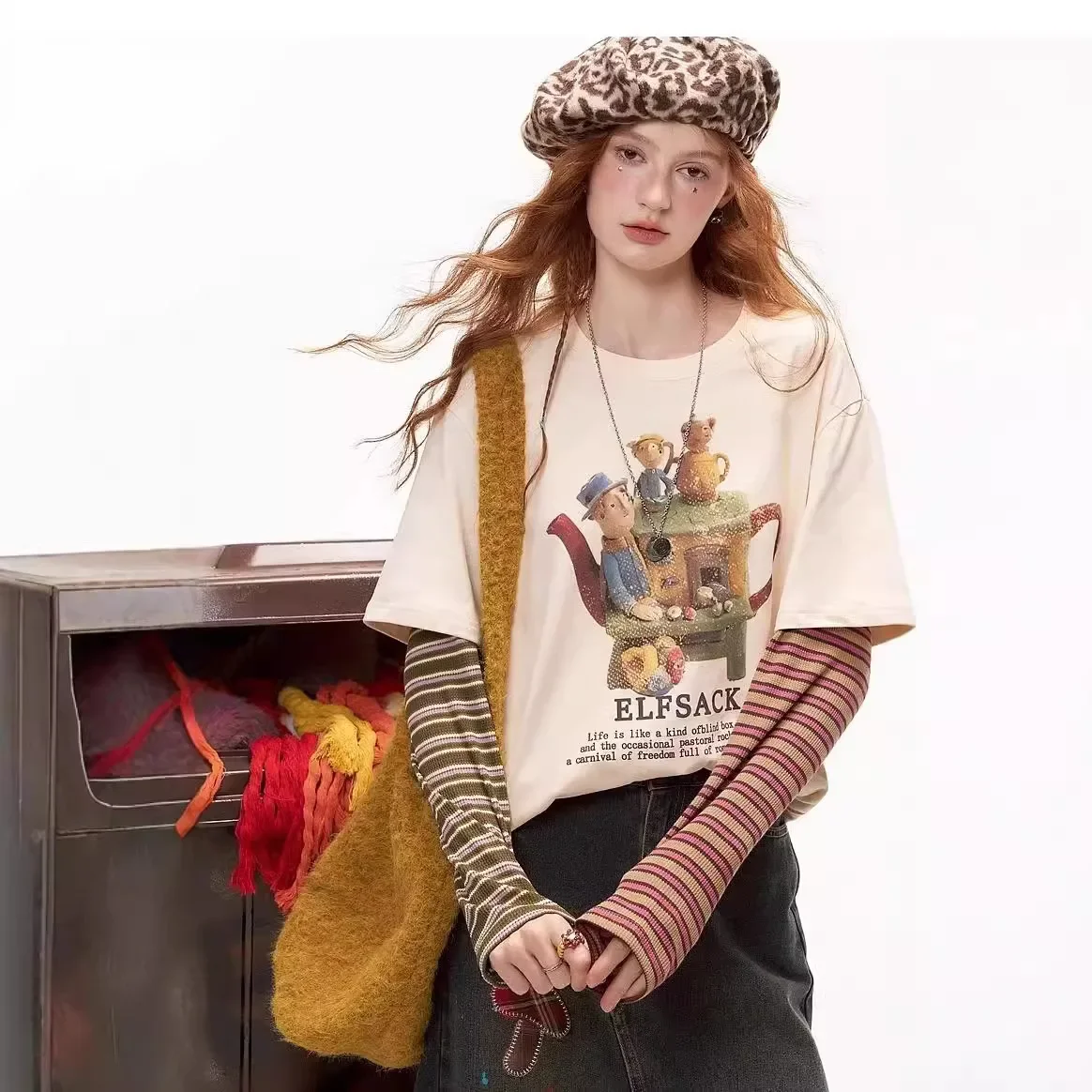 Женская футболка Fairy's Color Blocking в полоску из двух частей с иллюзией новинка 2024