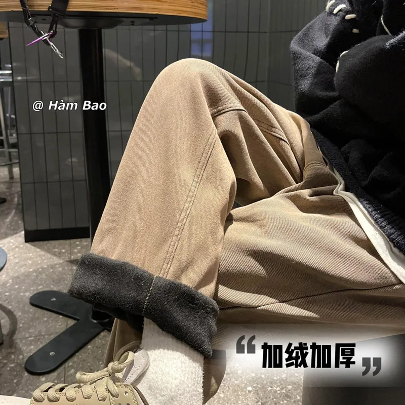 Winter Plush Thick Jeans Men Warm Fashion 4-color Straight Jeans Men Streetwear Korean Loose Thicken Denim Pants Mens Trousers