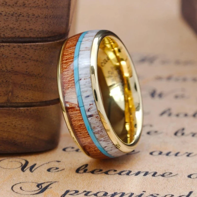 Deer Antler Ring Stainless Steel Wedding Band Koa Wood Men Turquoise Mens Jewelry